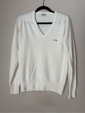 DUVET Ivory V-Neck Sweater with CCR Embroidery - Men L Casual, Fall Fashion